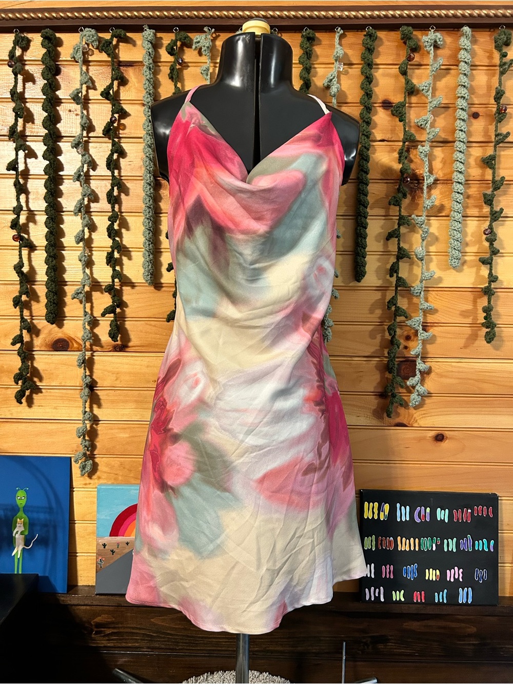 Floral Watercolor Cowl Neck Slip Dress - Pink Multi